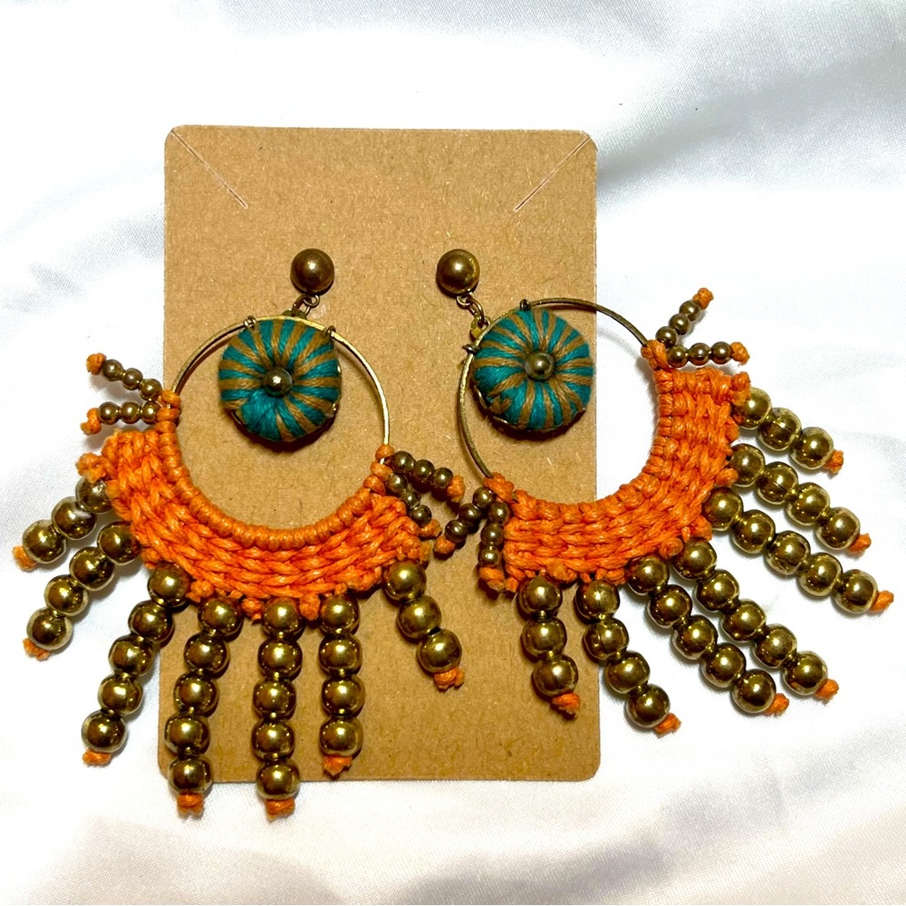 Circular Beaded Drop Earrings with Brown and Blue Thread Earrings